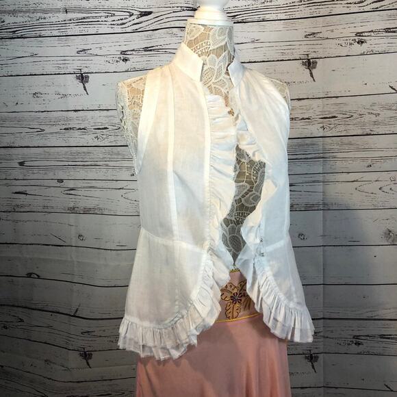 Subtle Luxury Linen White sleevless top with ruffels and high neck size small - Picture 4 of 12